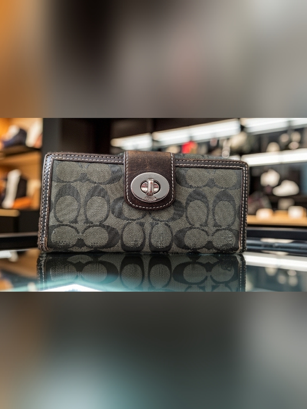 Coach Signature Monogram Turnlock Long Wallet Brown Khaki Leather Trim